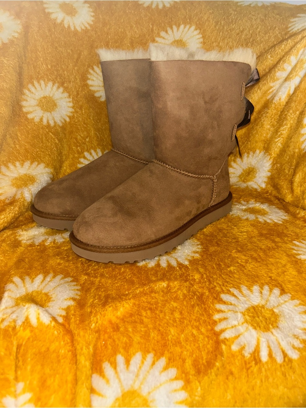UGG Chestnut Suede Ankle Boots with Satin Bow Back
